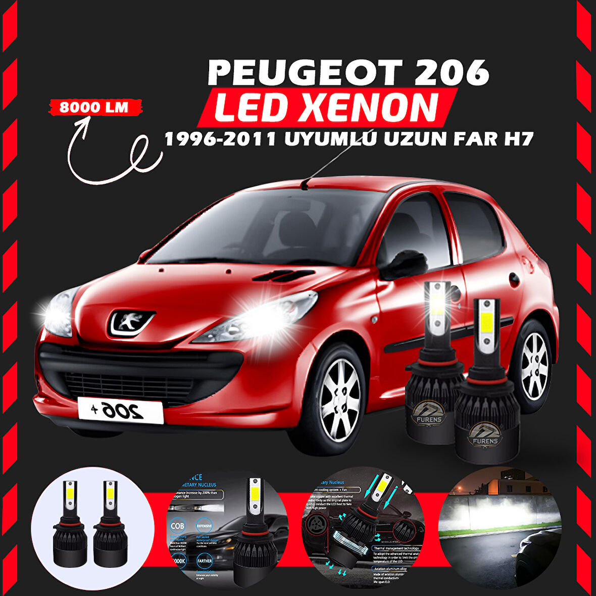 Peugeot 206 1996-2011 Uzun Far Uyumlu Şimşek Etkili Led Xenon Light Series H7