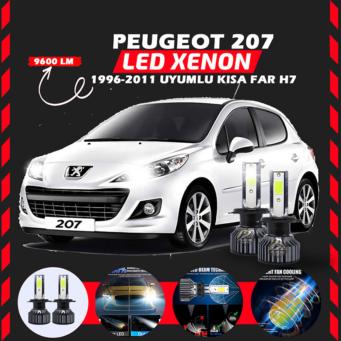 Peugeot 207 1996-2011 Kısa Far Uyumlu Şimşek Etkili Led Xenon Pro Series H7