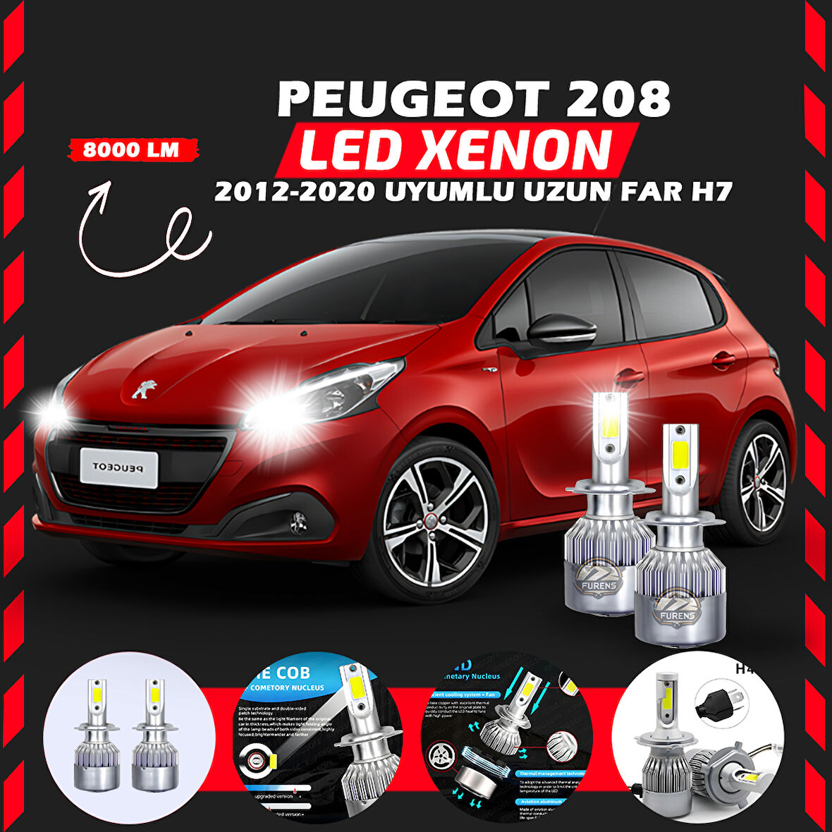 Peugeot 208 2012-2020 Uzun Far Uyumlu Şimşek Etkili Led Xenon Performance Series H7