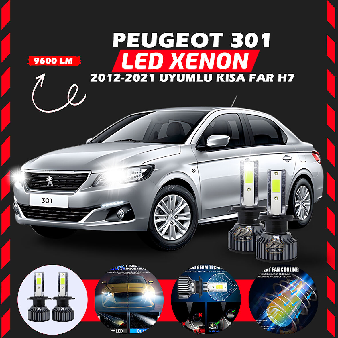 Peugeot 301 2012-2021 Kısa Far Uyumlu Şimşek Etkili Led Xenon Pro Series H7