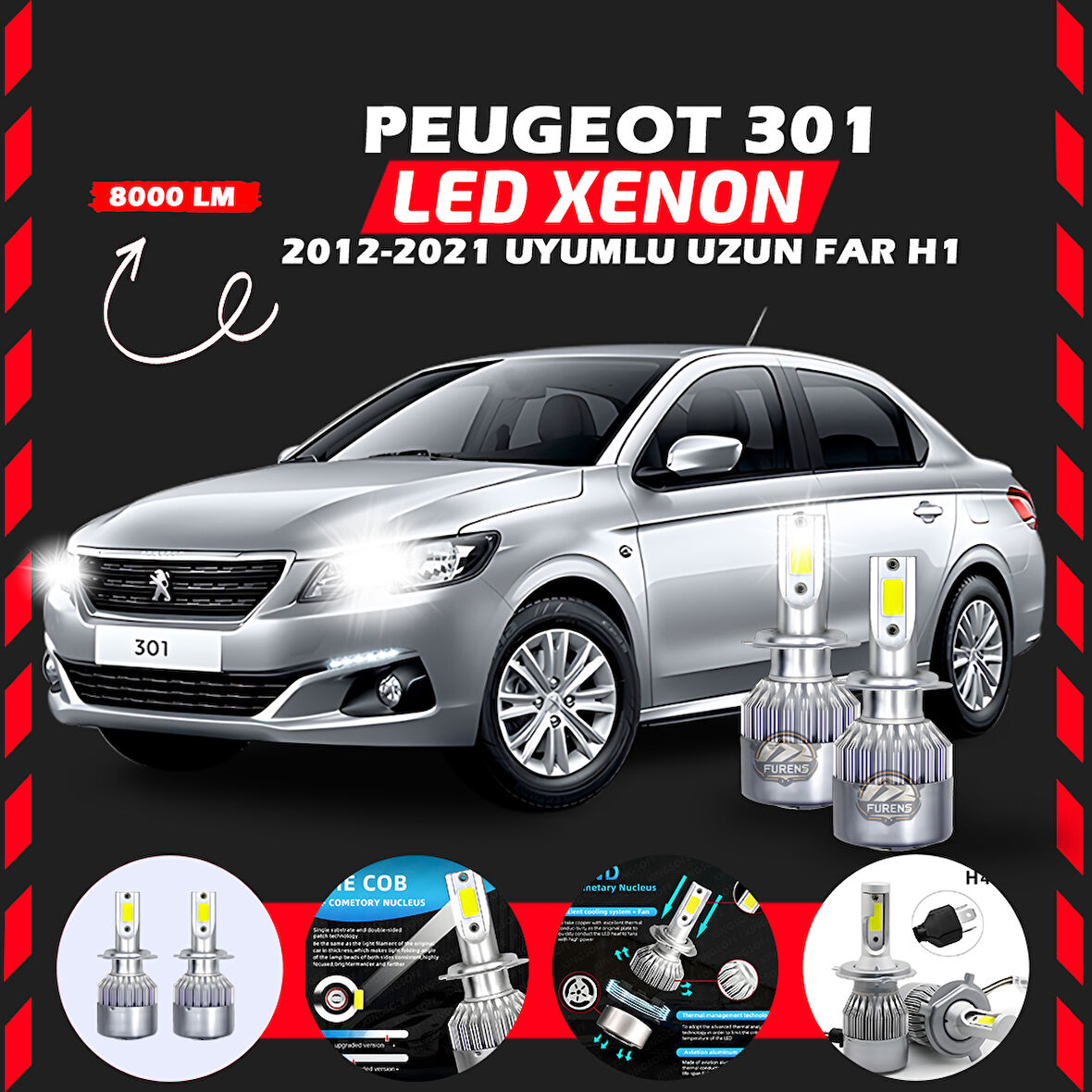 Peugeot 301 2012-2021 Uzun Far Uyumlu Şimşek Etkili Led Xenon Performance Series H1