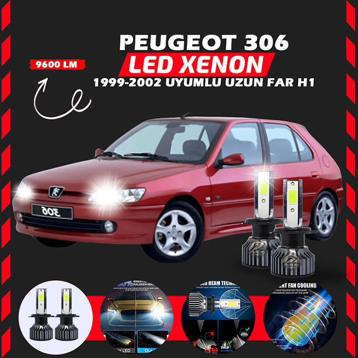 Peugeot 306 1999-2002 Uzun Far Uyumlu Şimşek Etkili Led Xenon Pro Series H1