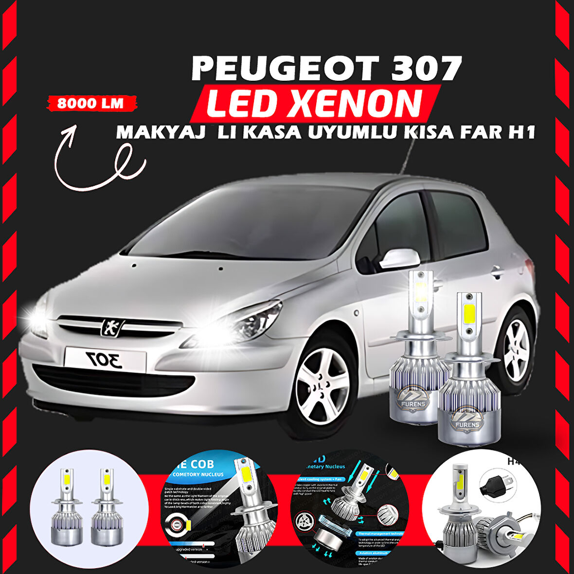 Peugeot 307 Makyajlı Kasa Kısa Far Uyumlu Şimşek Etkili Led Xenon Performance Series H1