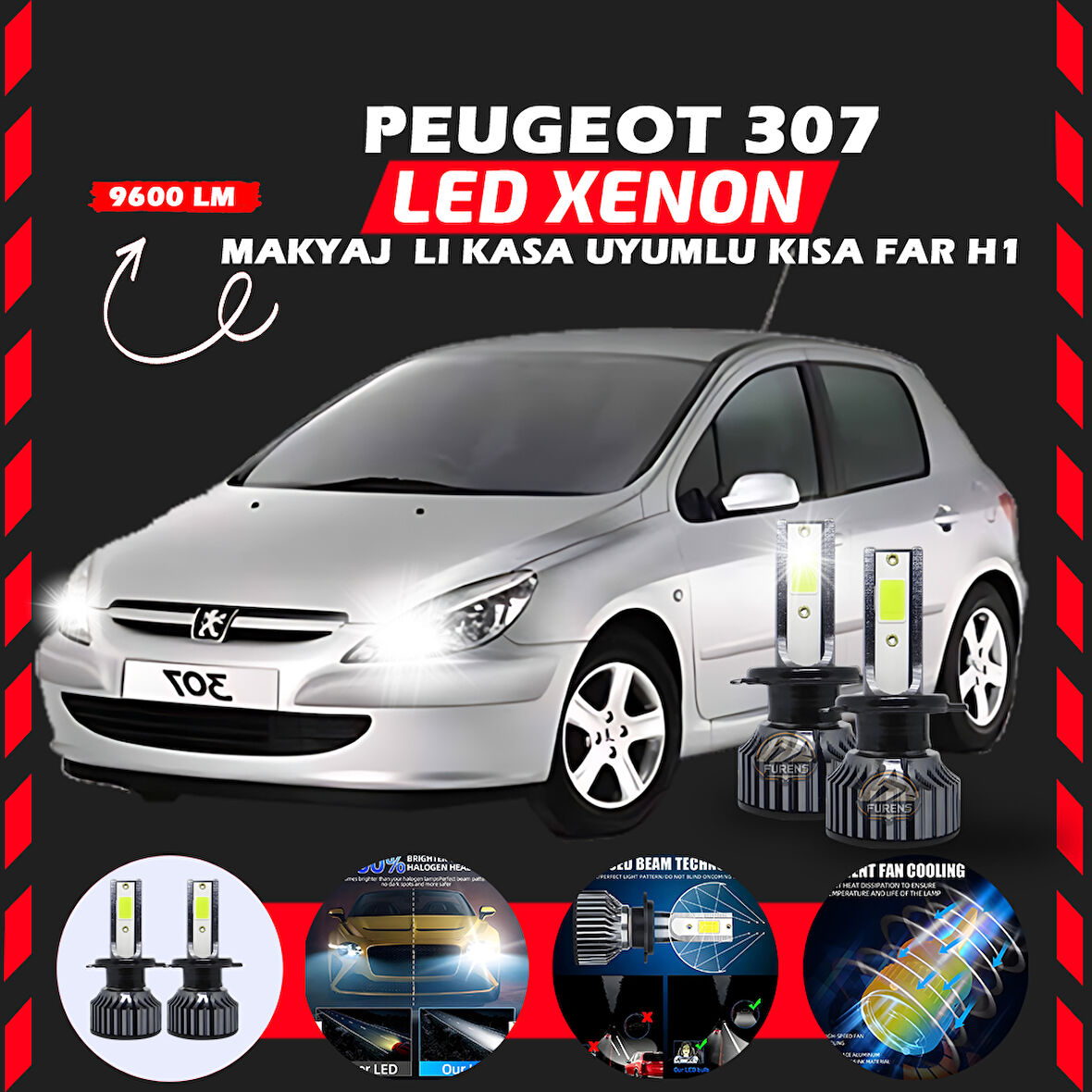 Peugeot 307 Makyajlı Kasa Kısa Far Uyumlu Şimşek Etkili Led Xenon Pro Series H1