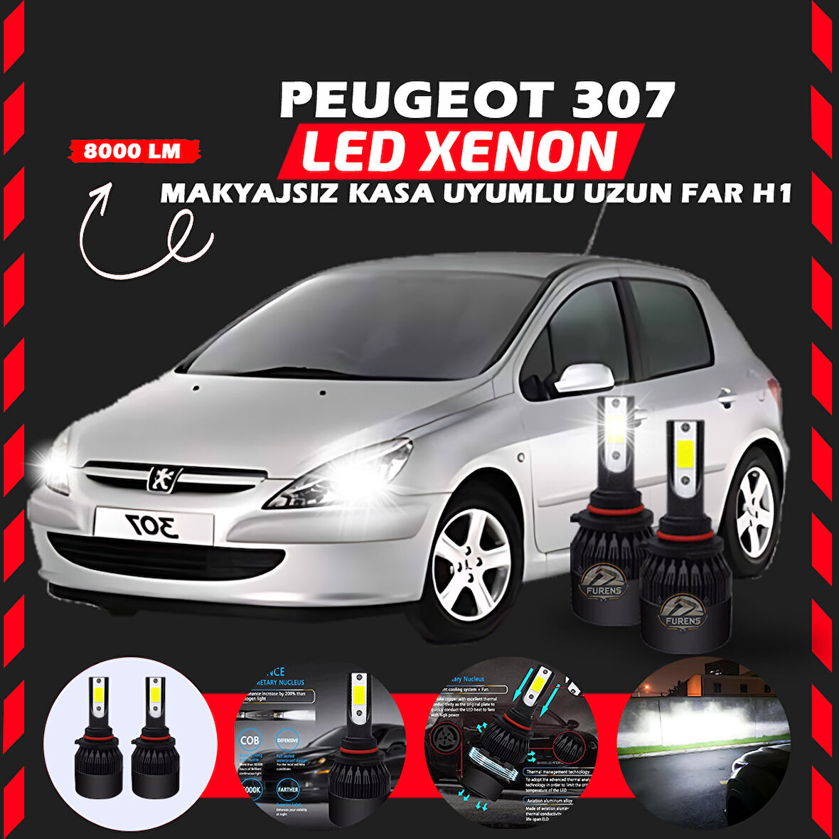 Peugeot 307 Makyajsız Kasa Uzun Far Uyumlu Şimşek Etkili Led Xenon Light Series H1