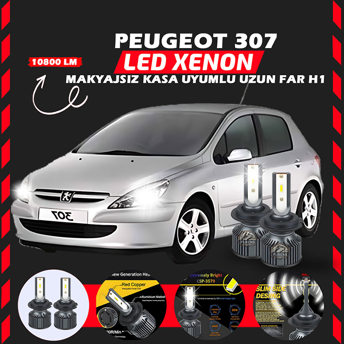 Peugeot 307 Makyajsız Kasa Uzun Far Uyumlu Şimşek Etkili Led Xenon Premium Series H1