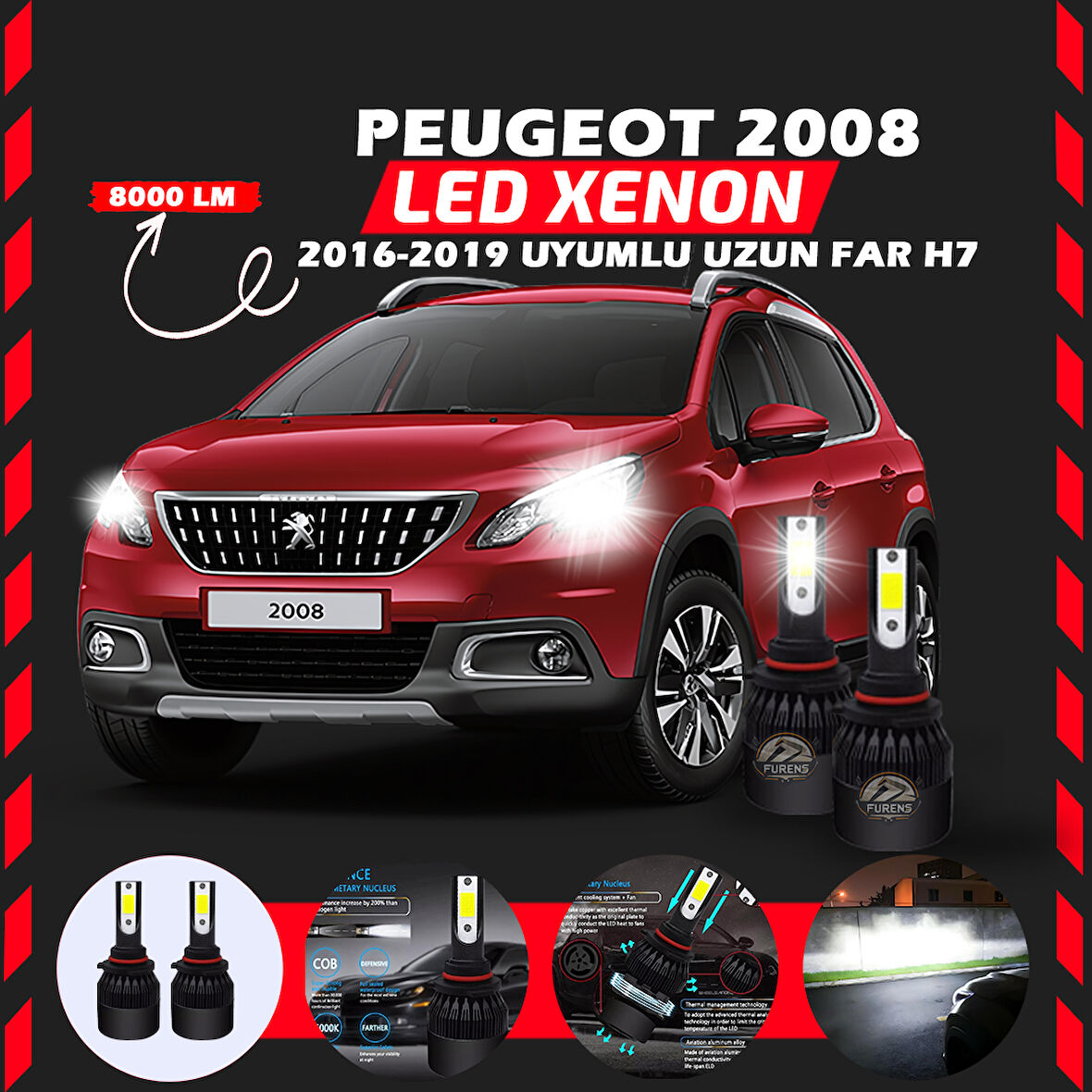 Peugeot 2008 2016-2019 Uzun Far Uyumlu Şimşek Etkili Led Xenon Light Series H7