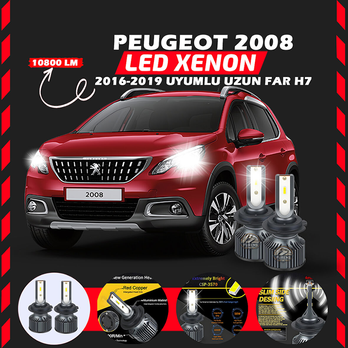 Peugeot 2008 2016-2019 Uzun Far Uyumlu Şimşek Etkili Led Xenon Premium Series H7