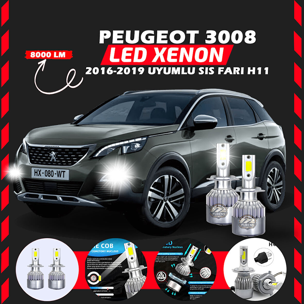 Peugeot 3008 2016-2019 Sis Farı Uyumlu Şimşek Etkili Led Xenon Performance Series H11