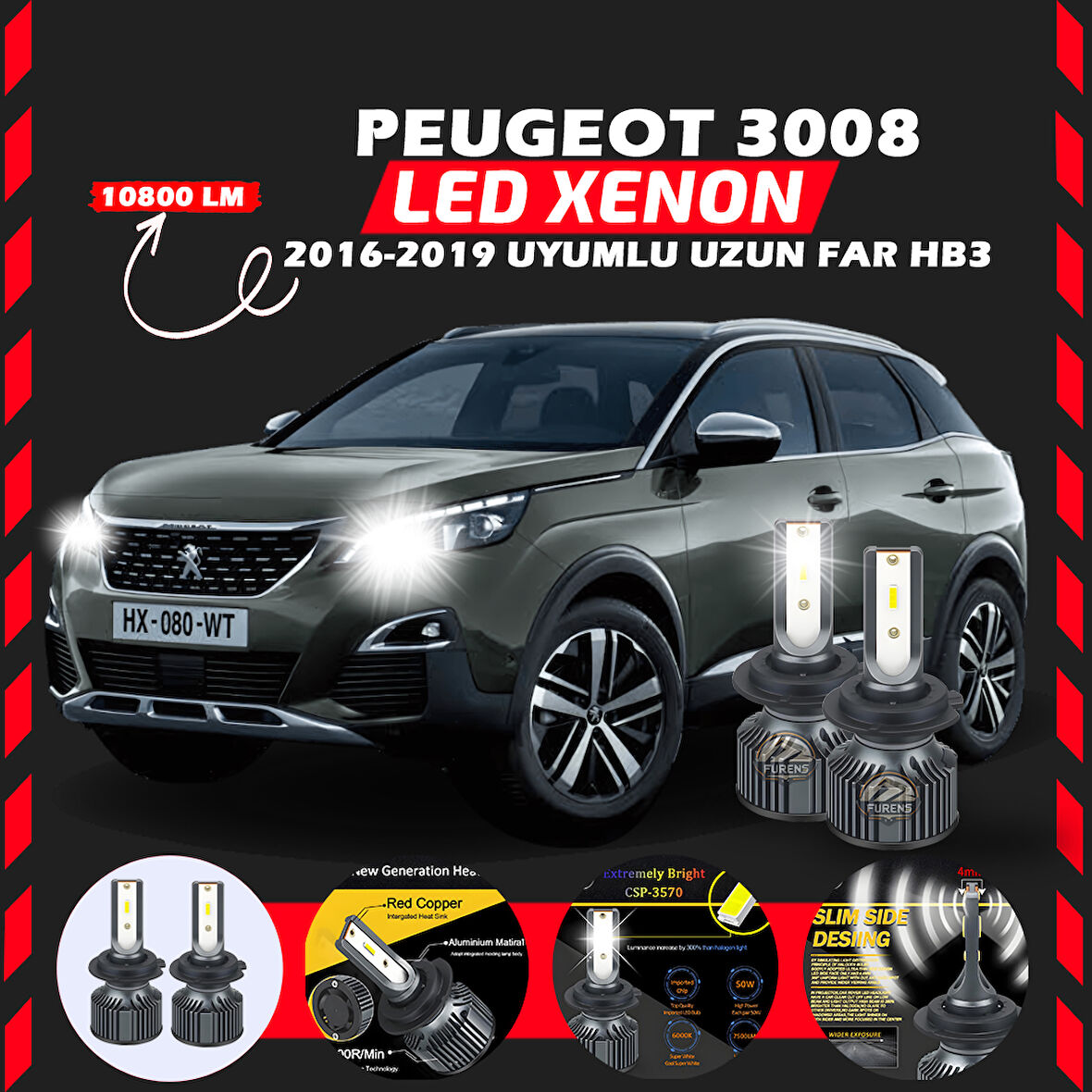 Peugeot 3008 2016-2019 Uzun Far Uyumlu Şimşek Etkili Led Xenon Premium Series HB3