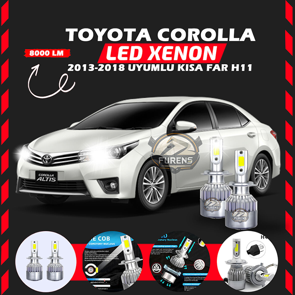 Toyota Corolla 2013-2018 Kısa Far Uyumlu Şimşek Etkili Led Xenon Performance Series H11