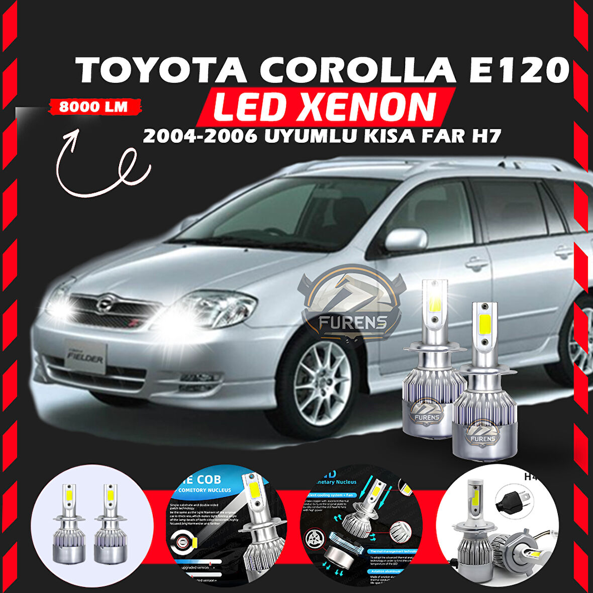Toyota Corolla E120 2004-2006 Kısa Far Uyumlu Şimşek Etkili Led Xenon Performance Series H7