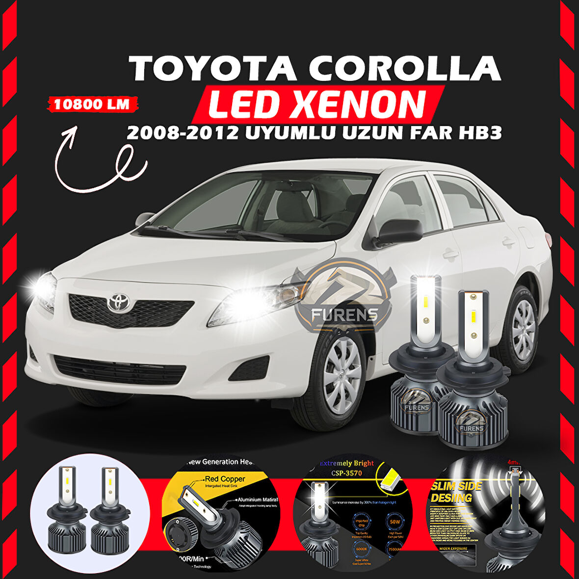 Toyota Corolla 2008-2012 Uzun Far Uyumlu Şimşek Etkili Led Xenon Premium Series HB3