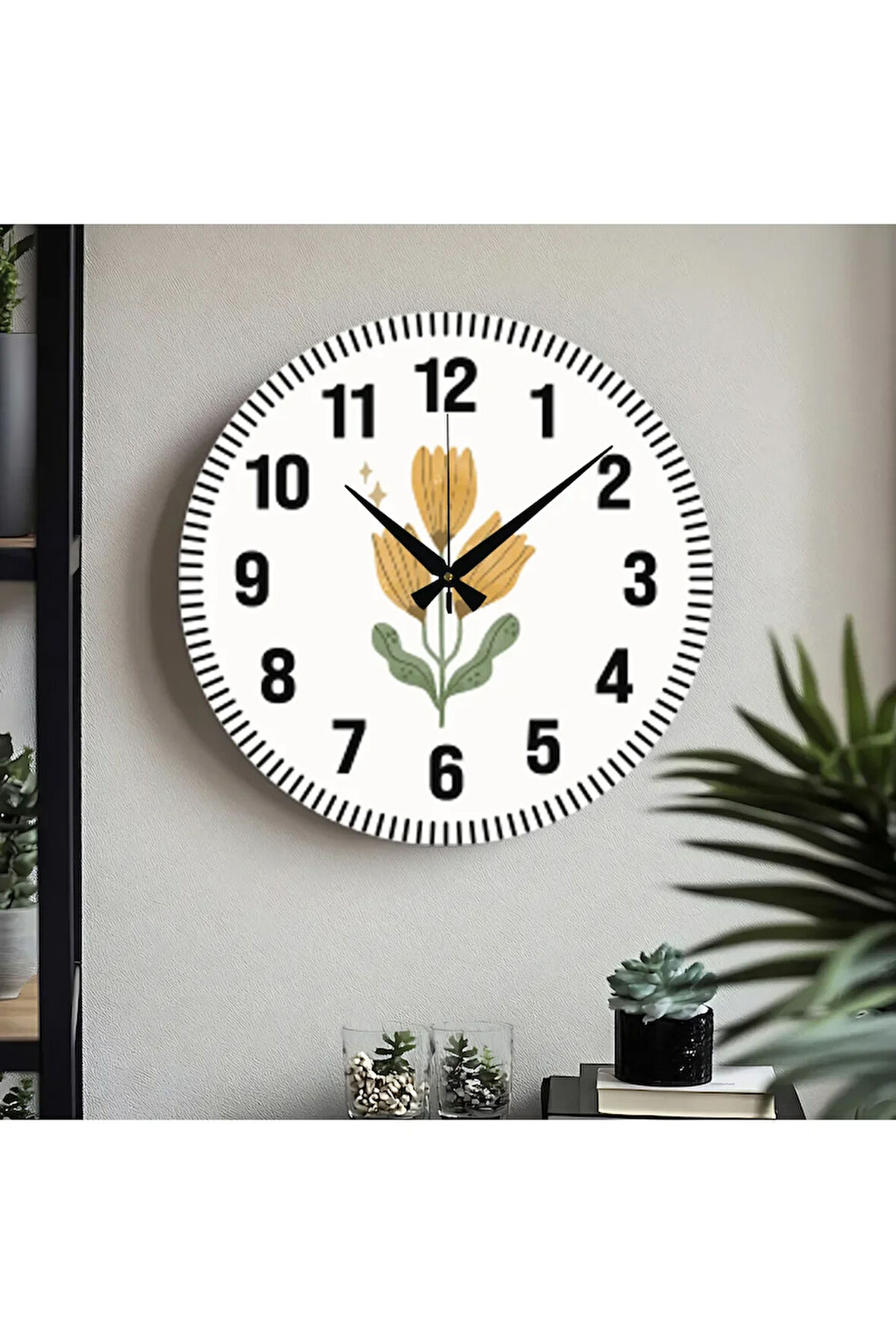 Çiçek desenli Dekoratif Türkçe Rakamlı UV Baskılı Duvar Saati (Sessiz) Akar Mekanizma Metal Akrep