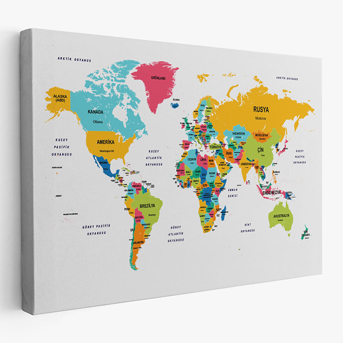 Harita Sepeti Türkçe Dünya Haritası Dekoratif Kanvas Tablo Ülke ve Başkentli 1542