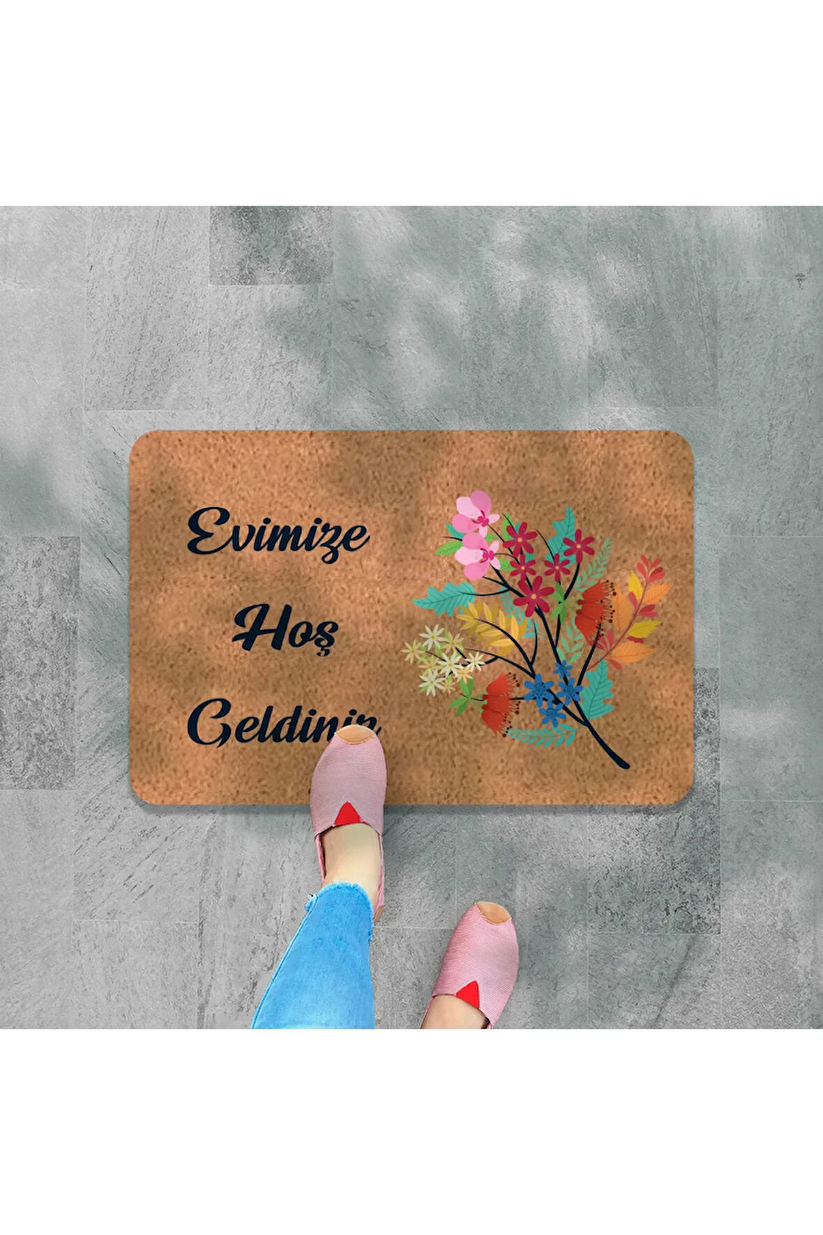 Modern Dijital Baskı - Hoş Geldiniz Yazalı Paspas - Kaymaz Taban Kapı Önü Paspası