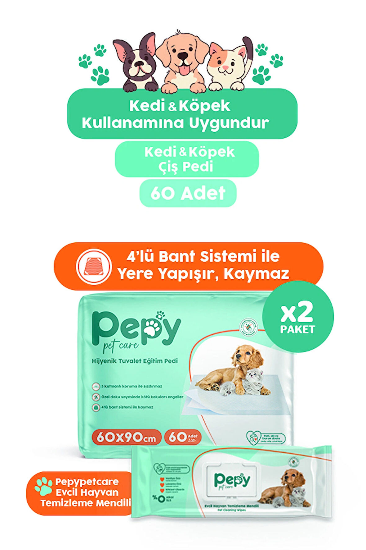 Çiş Pedi Yatak Koruyucu 60x90cm 2 paket 60 Adet + Evcil Hayvan Temizleme Mendili 2 paket 100 Adet