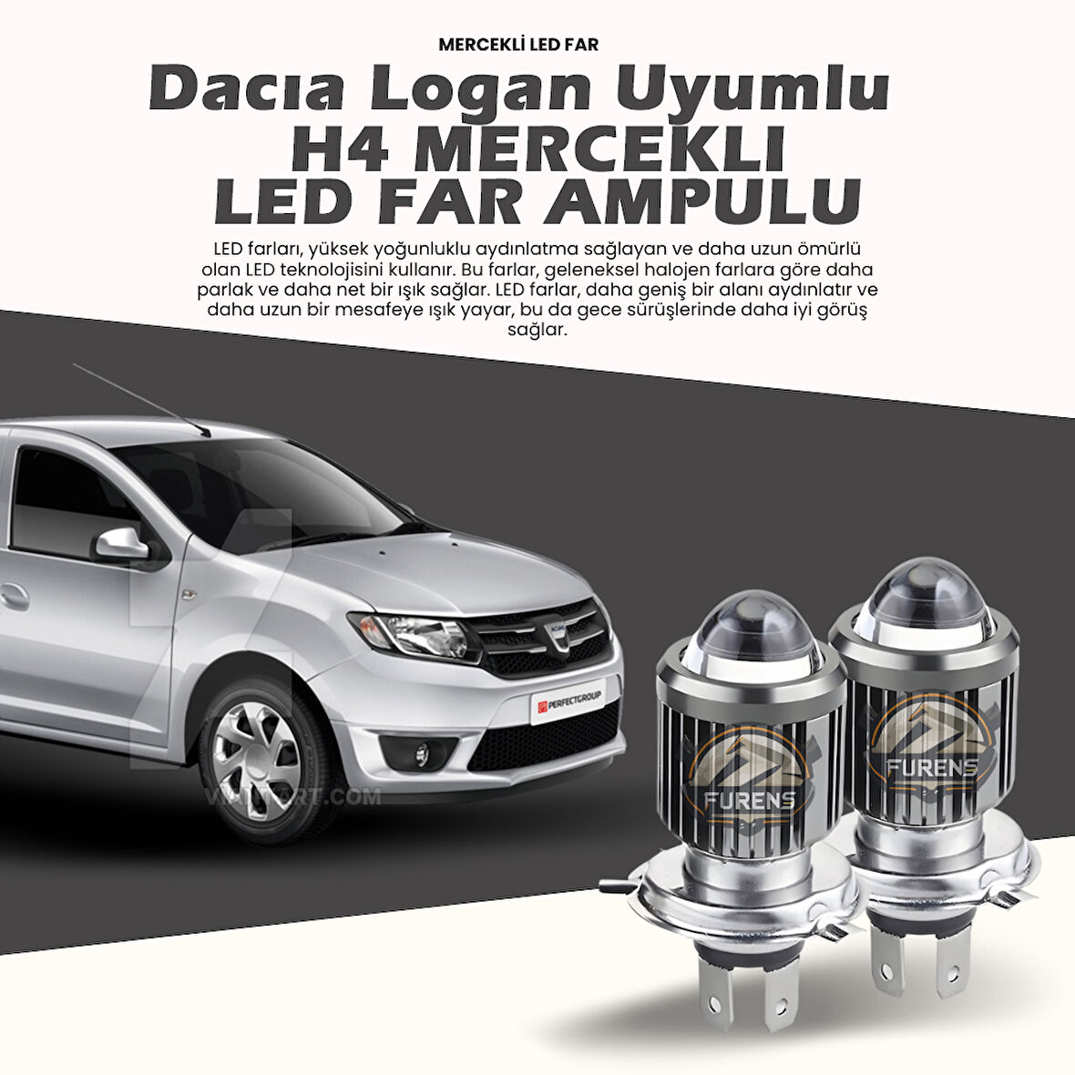 Dacia Logan Araca Özel Far Seti Mercek Led Xenon Uzun kısa Çift Renk