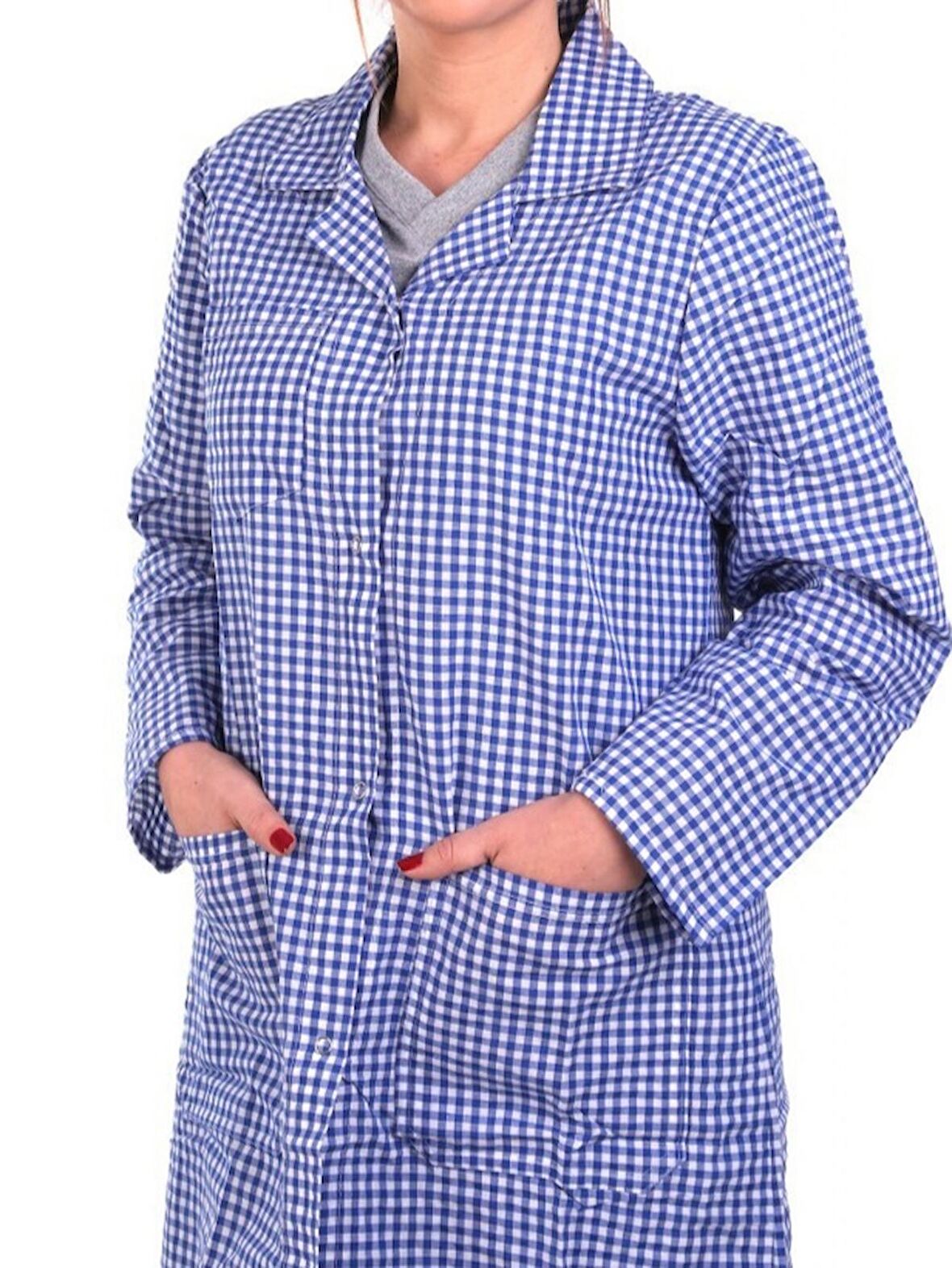 Pötikare Mavi Kadın Önlük-Kareli Kadın İş Önlüğü