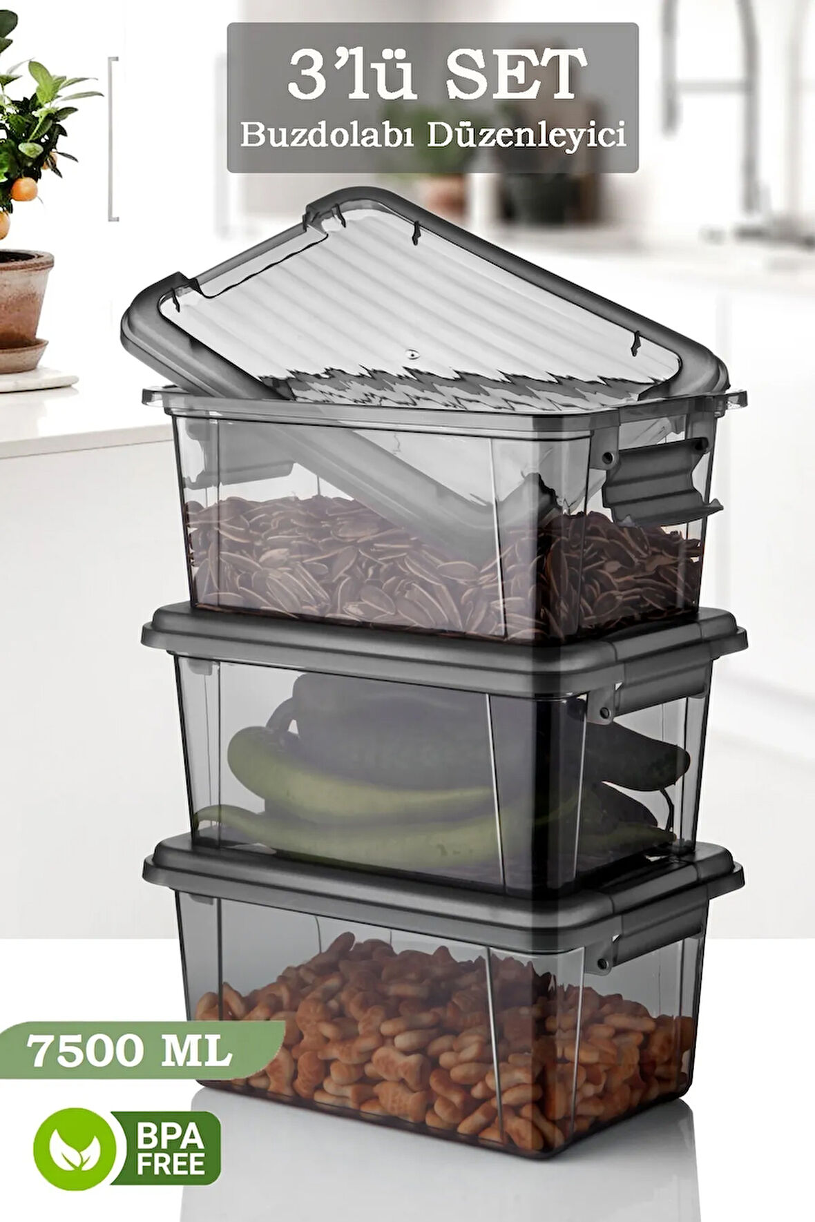 3'lü 7,5 Lt Kilit Kapaklı Erzak Saklama Kabı Çok Amaçlı Düzenleyici Kutu Gıda Bakliyat Kabı Antrasit