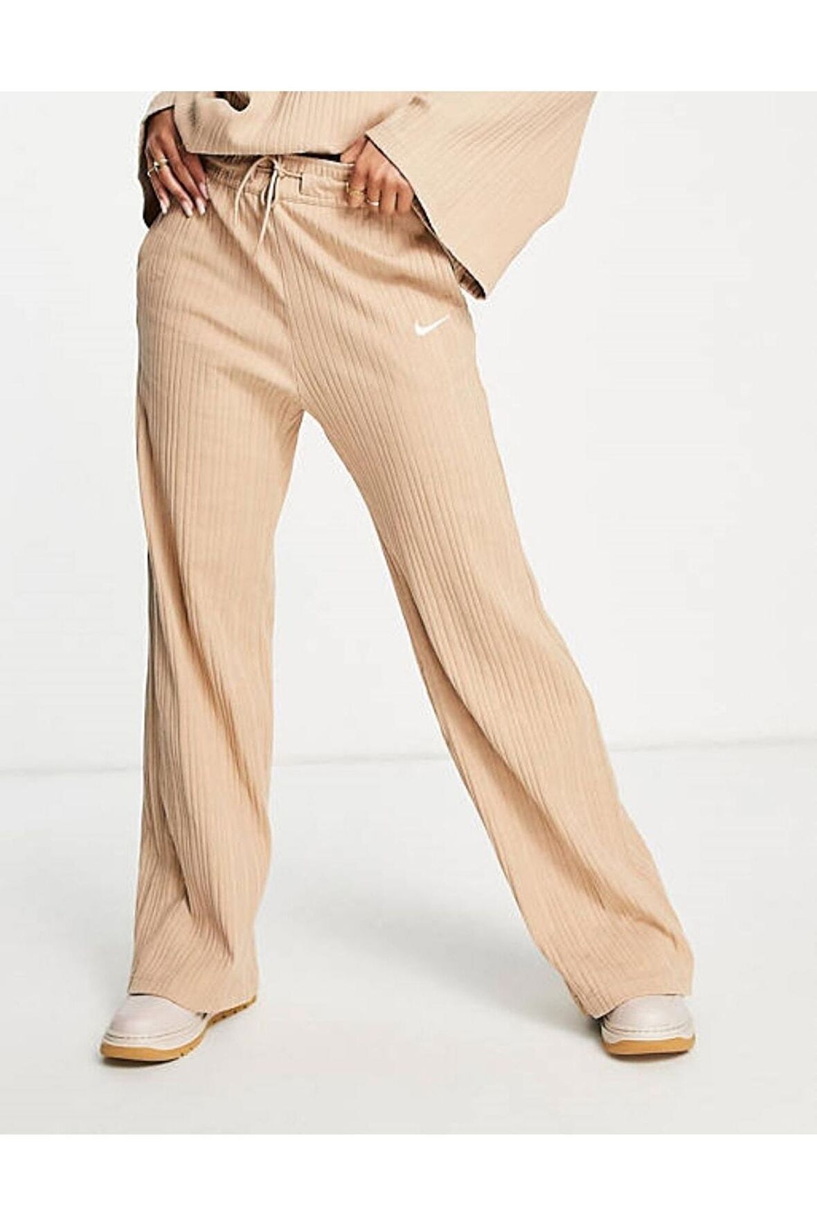 Sportswear Ribbed Jersey Wide Bej Renk Kadın Eşofman Altı