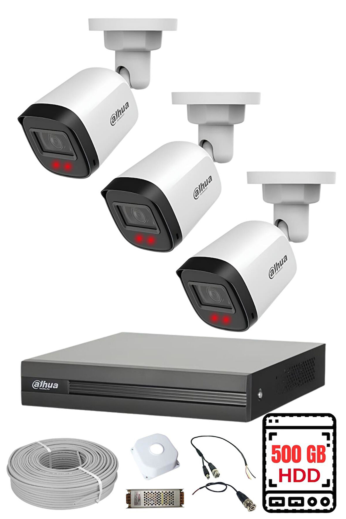 DAHUA 3 Kameralı Gece Görüşlü Su Geçirmez FULL HD Güvenlik Kamerası Seti 500GB