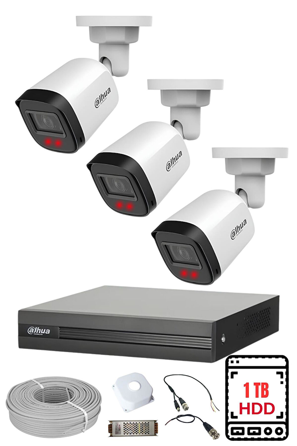 DAHUA 3 Kameralı Gece Görüşlü Su Geçirmez FULL HD Güvenlik Kamerası Seti 1TB