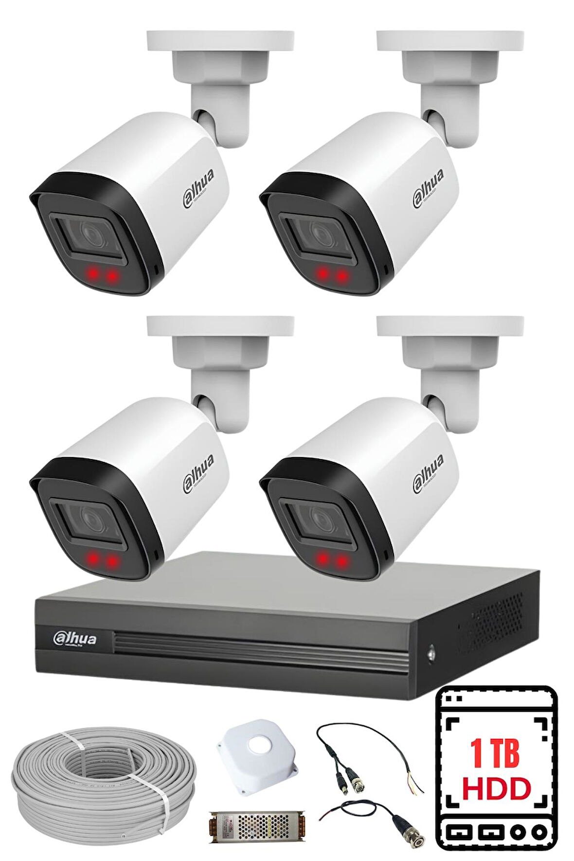 DAHUA 4 Kameralı Gece Görüşlü Su Geçirmez FULL HD Güvenlik Kamerası Seti 1TB