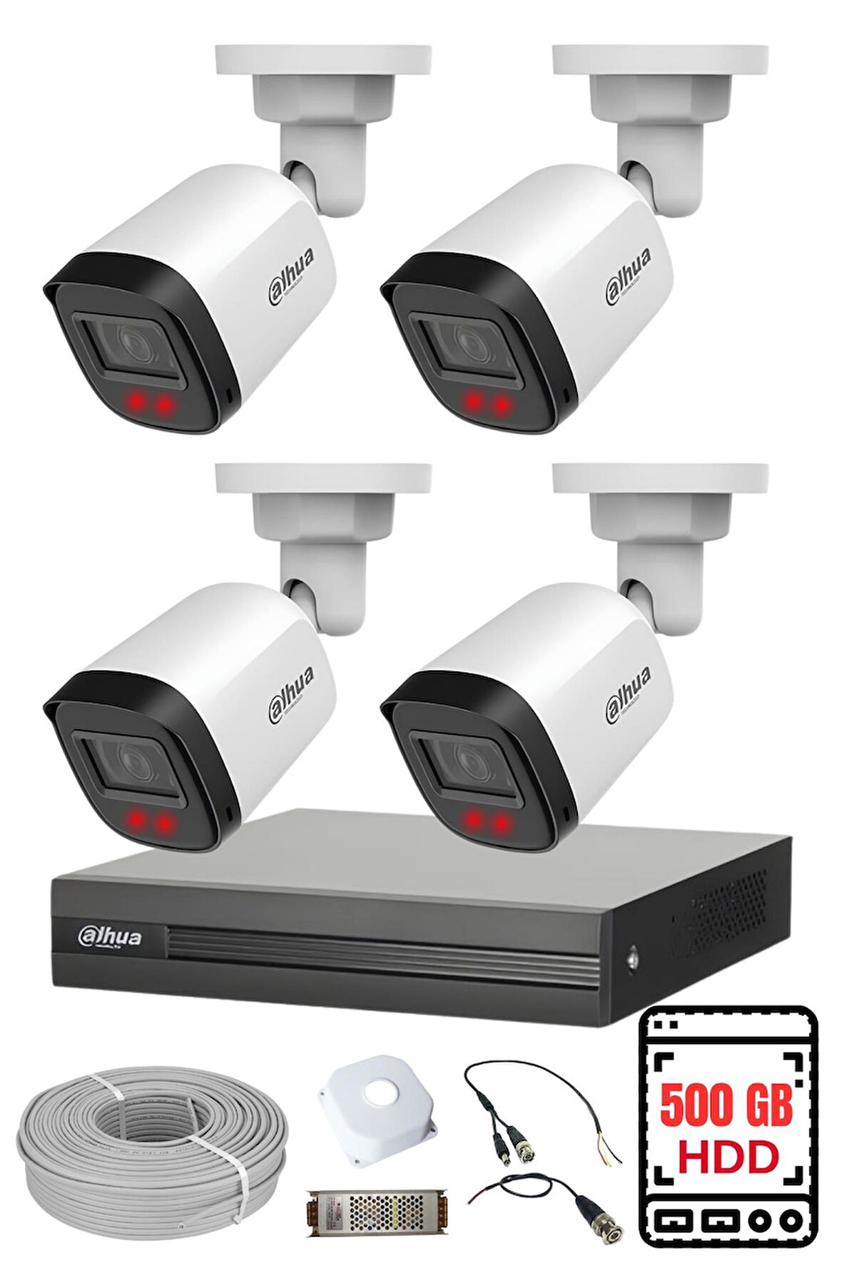 DAHUA 4 Kameralı Gece Görüşlü Su Geçirmez FULL HD Güvenlik Kamerası Seti 500GB