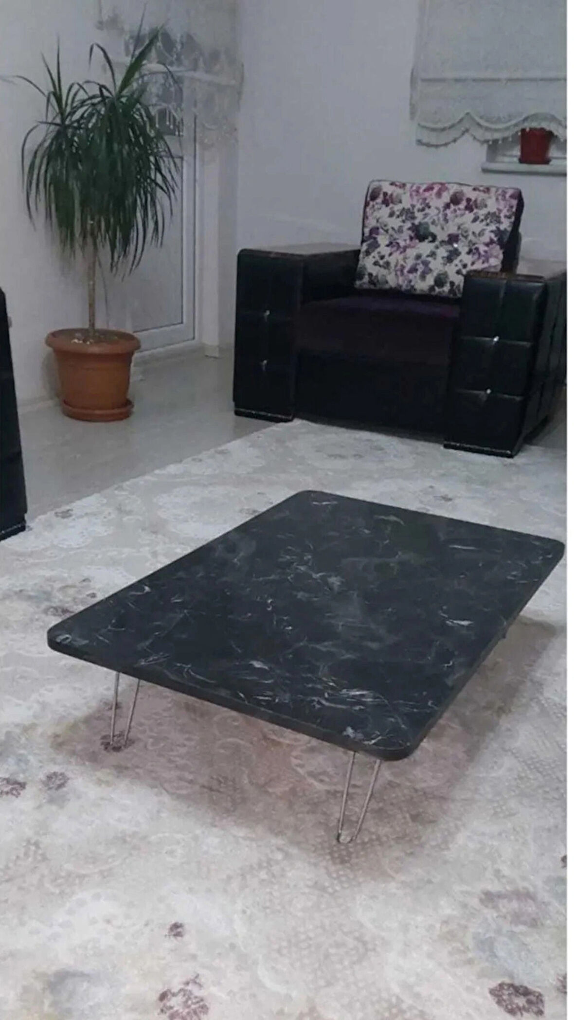 Ahşap Dikdörtgen Yer Sofrası-Hamur Açma Masası Siyah Mermer 60 x 110 cm