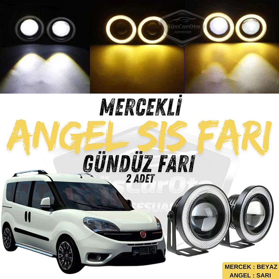 Fiat Doblo D4 2015-2021 Uyumlu Üniversal Mercekli Angel Sis Farı Metal Su Geçirmez 76 mm Sarı Halkalı Gündüz Farı Angel Eyes 2 Adet