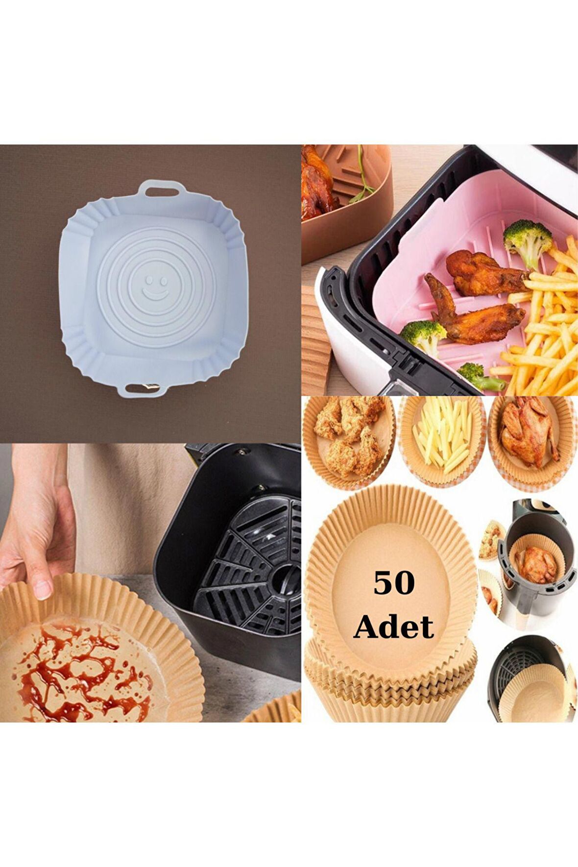 Airfryer Silikon Kare Pişirme Kabı Ve Air Fryer Pişirme Kağıdı 50 Adet Tek Kullanımlık Tabak Mavi