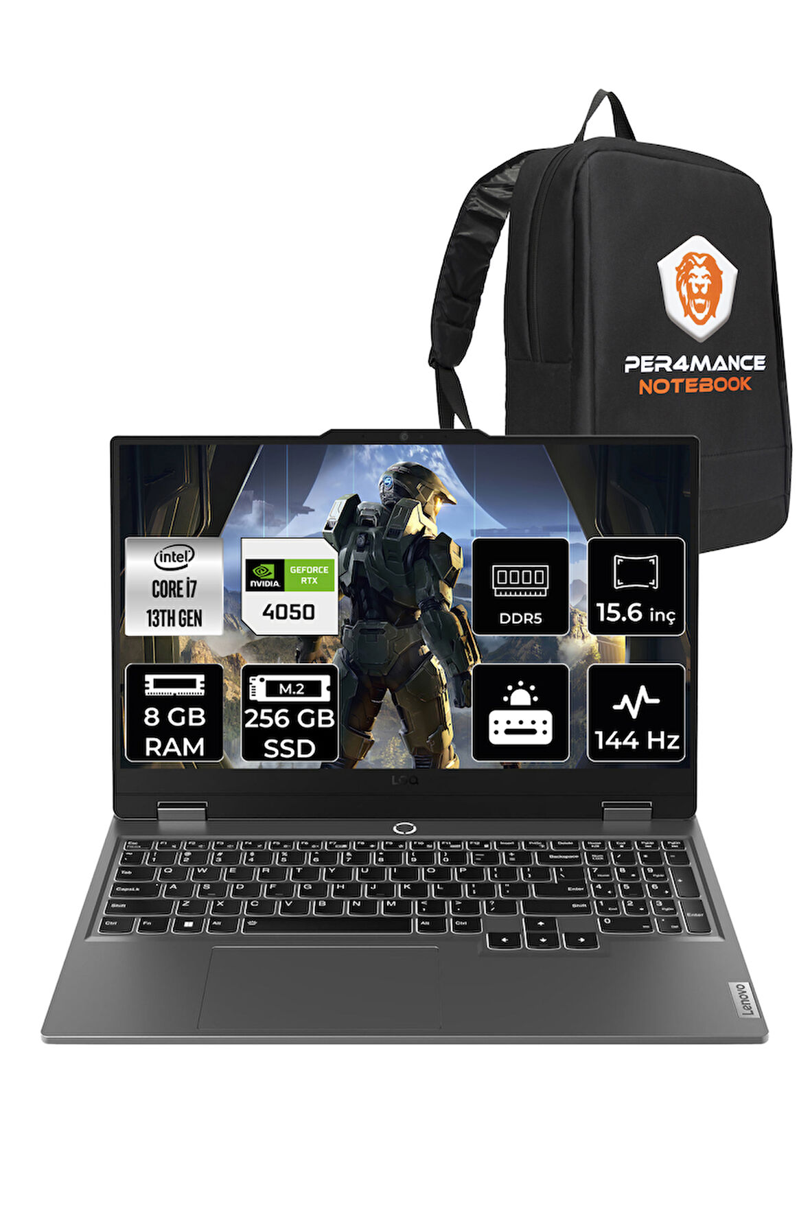 Lenovo LOQ i7 13650HX 8GB 256GB SSD RTX4050/6GB 105W 15.6" FHD 144Hz FDOS Gaming Laptop & PER4 Çanta