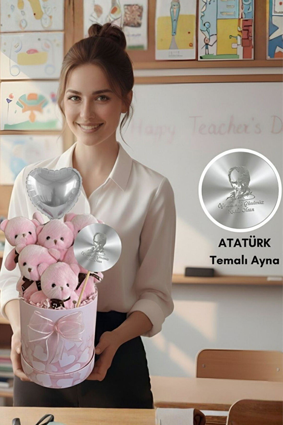 Öğretmen'e Hediye: Atatürk Temalı Aynalı Pembe Kalpli Kutuda, Kalpli Balonlu 6’lı Pembe Ayıcık Buketi - 24 Kasım Öğretmenler Günü Hediyesi