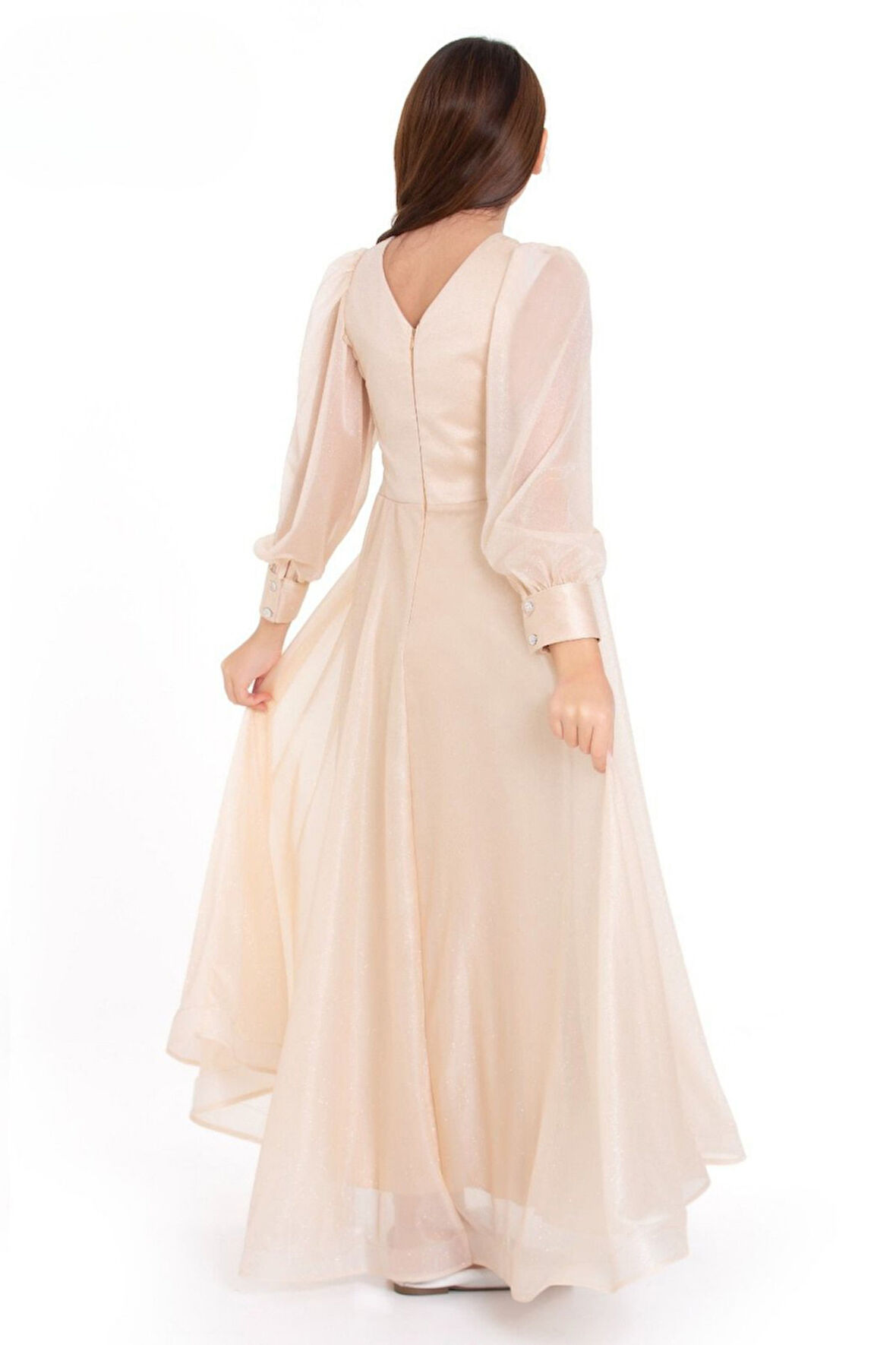 Simli Uzun Kollu Kız Çocuk Abiye Elbise