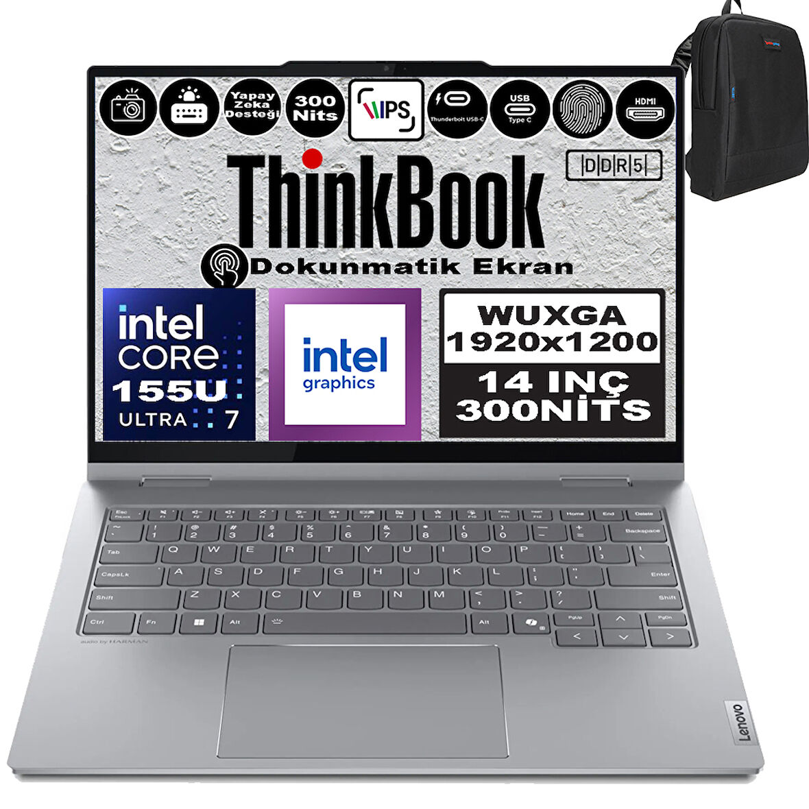 Lenovo Thinkbook 14 2-In-1 G4 Iml Intel Core Ultra 7 155U 80GB Ddr5 2tb SSD 14" Dokunmatik Wuxga 300NITS IPS Freedos Taşınabilir Bilgisayar 21MX002VTRF28 + Zetta Çanta