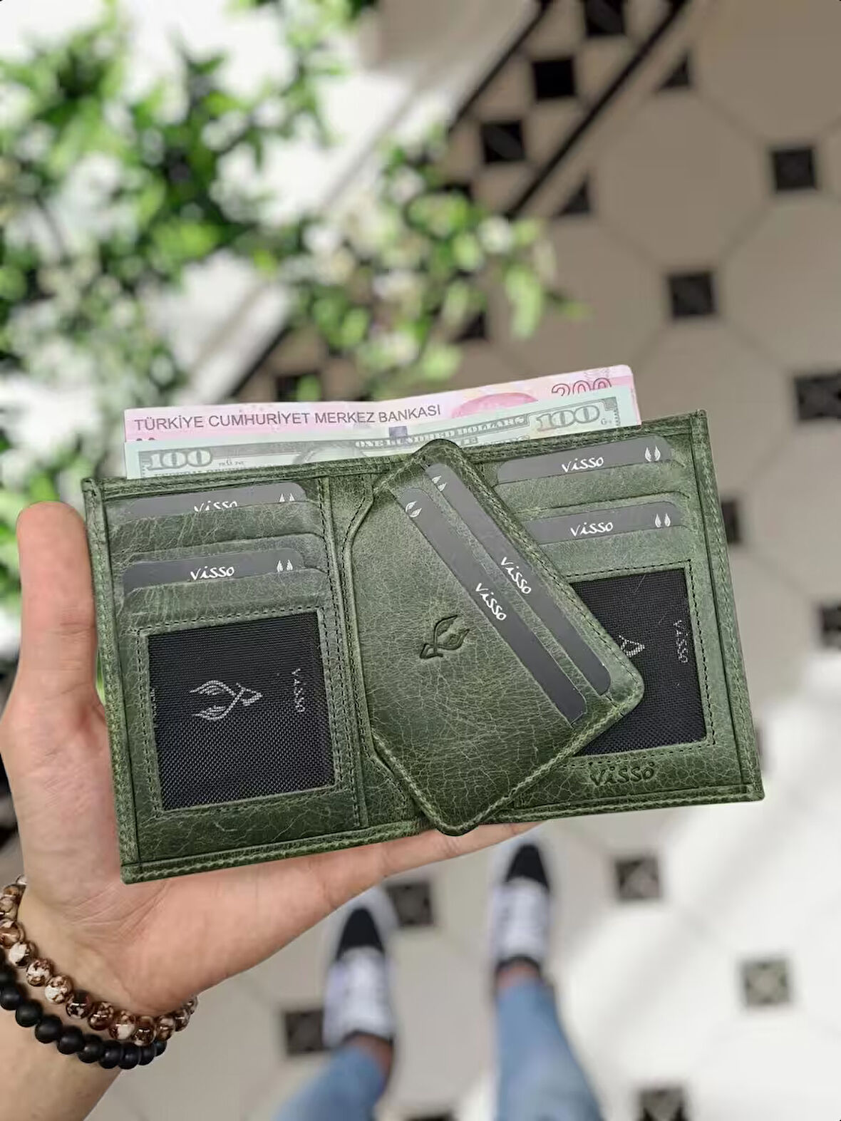 VİSSO 155 Yeşil Granada HAKİKİ DERİ İSME ÖZEL YAVRU GEÇME KARTLIKLI KADIN ERKEK CÜZDAN Çanta Erkek Kadın  Yeşil Granda
