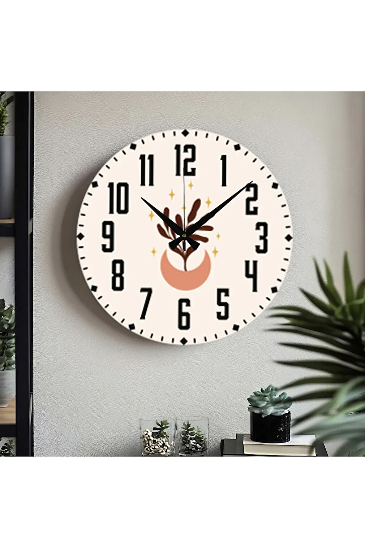 Çiçek desenli Dekoratif Türkçe Rakamlı UV Baskılı Duvar Saati (Sessiz) Akar Mekanizma Metal Akrep