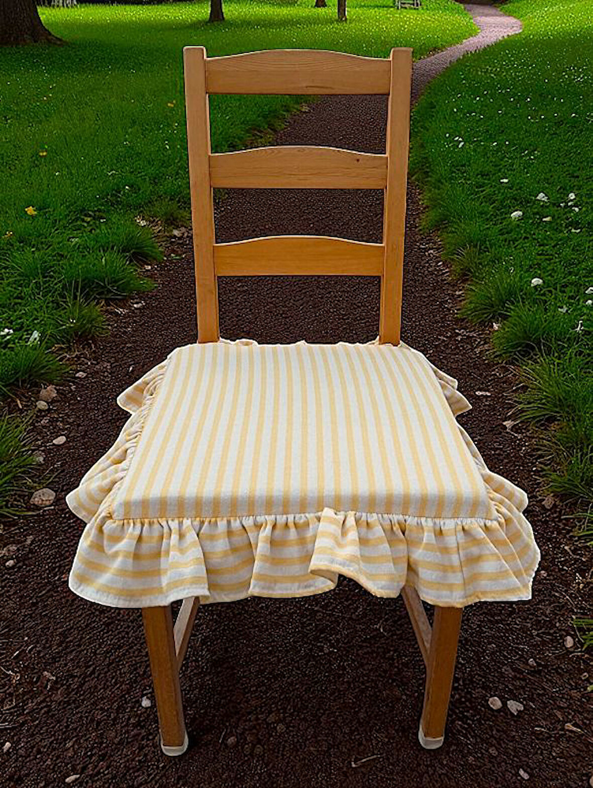 SARI ÇİZGİLİ BULDAN YIKANMIS KETEN 4 TARAFI FIRFIRLI SANDALYE MİNDERİ