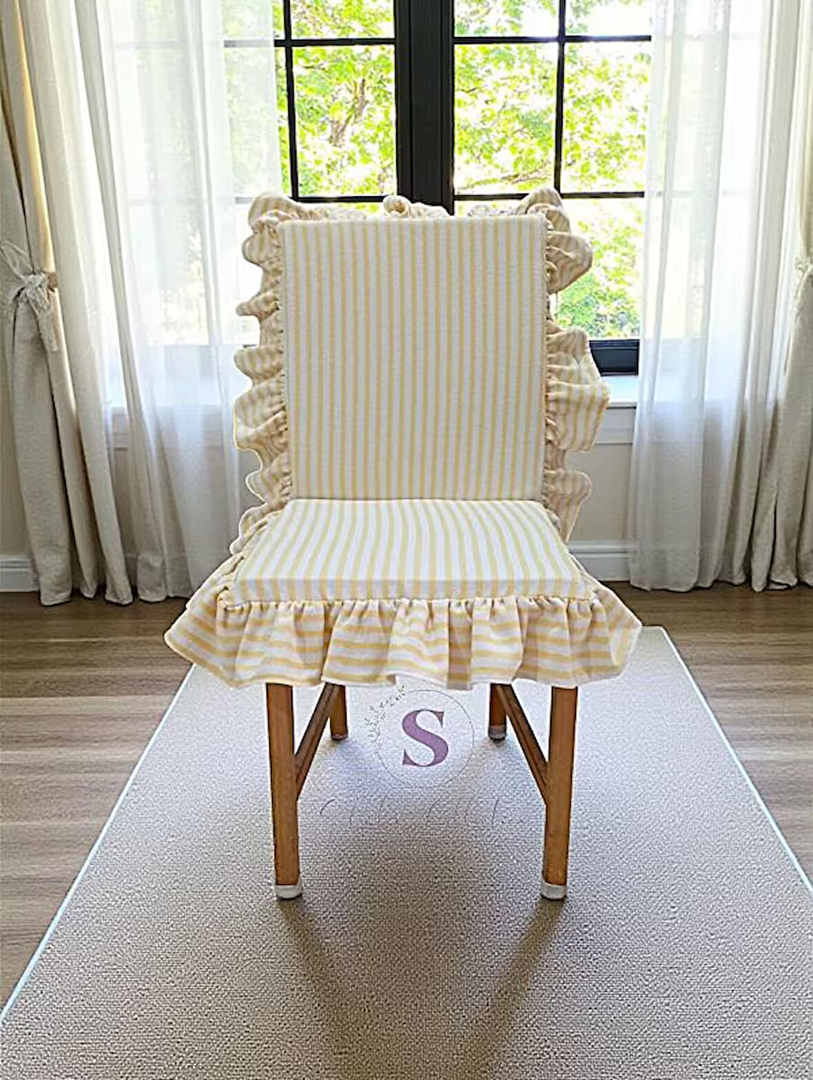 SARI ÇİZGİLİ BULDAN KETENİ ARKALIKLI FERMUARLI  SANDALYE MİNDERİ