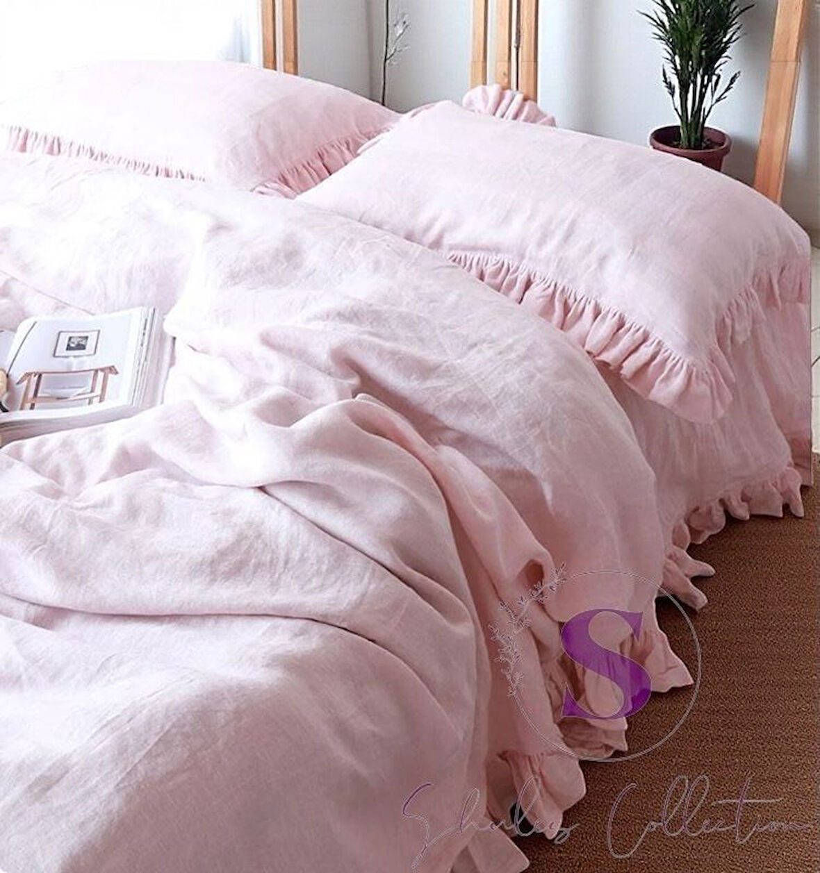 % 100 Pamuk PEMBE FIRFIRLI KETEN Çift Kişilik Nevresim Takımı (200 x220)