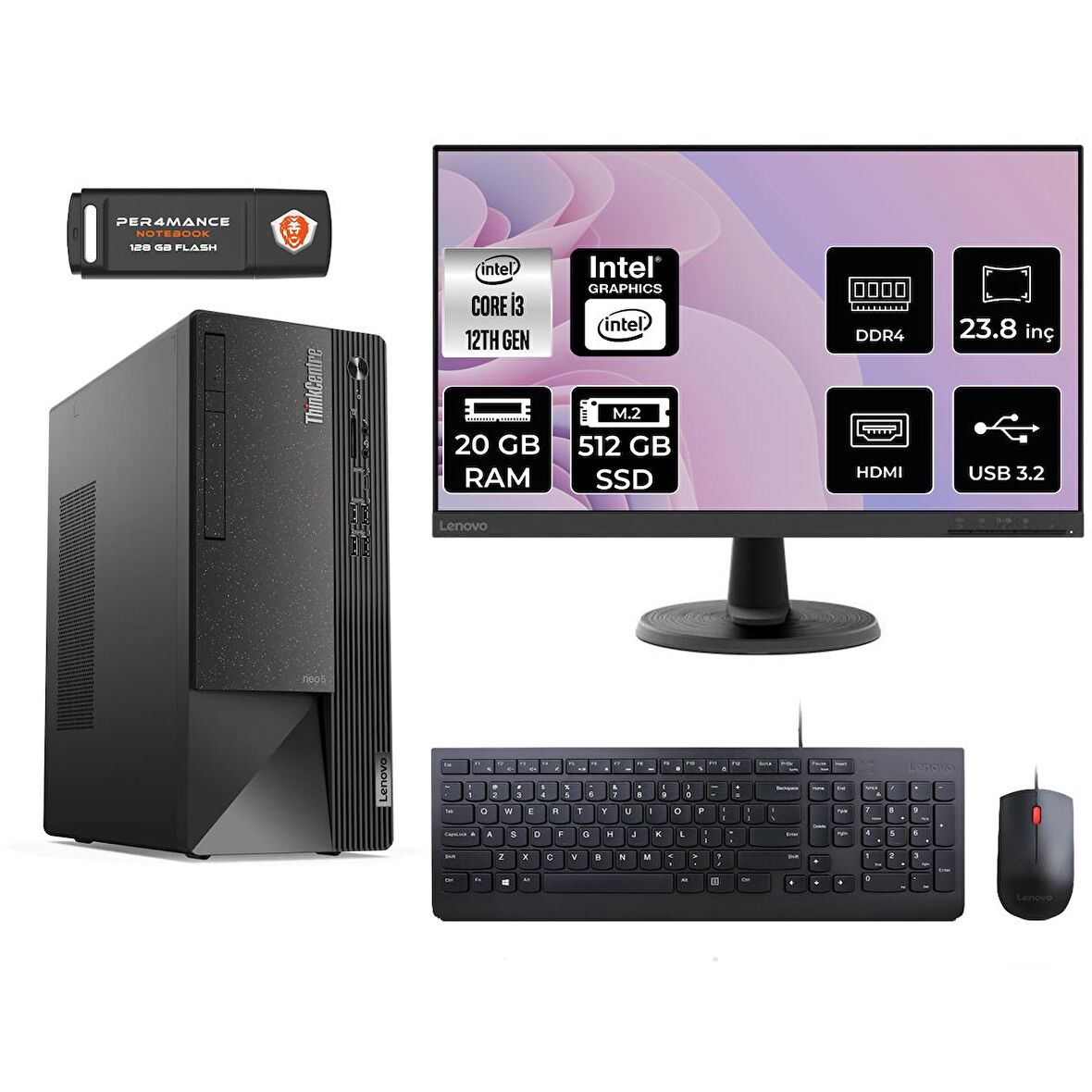 Lenovo ThinkCentre Neo 50T i3 12100 20GB 512GB SSD FDOS 11SC001ATX MASAÜSTÜ PC & 23.8" MONİTÖR