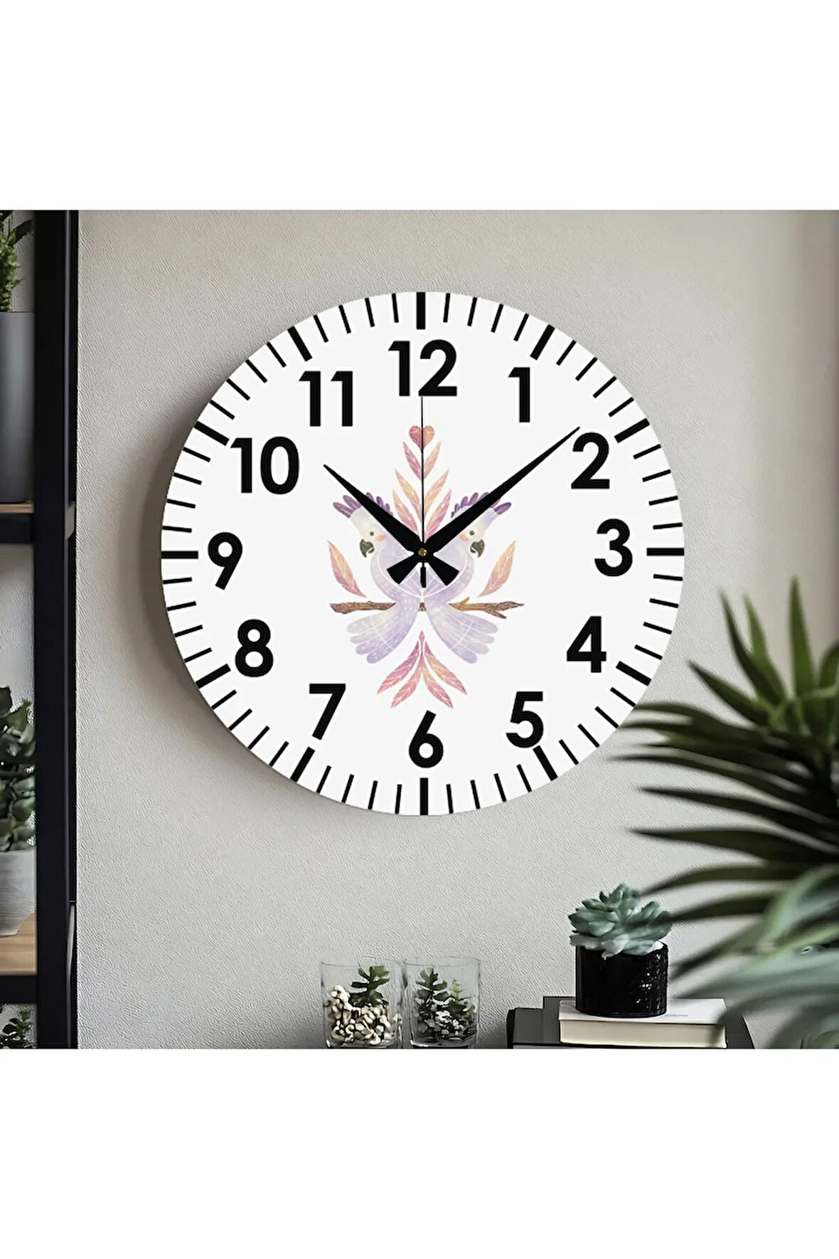 Çiçek desenli Dekoratif Türkçe Rakamlı UV Baskılı Duvar Saati (Sessiz) Akar Mekanizma Metal Akrep