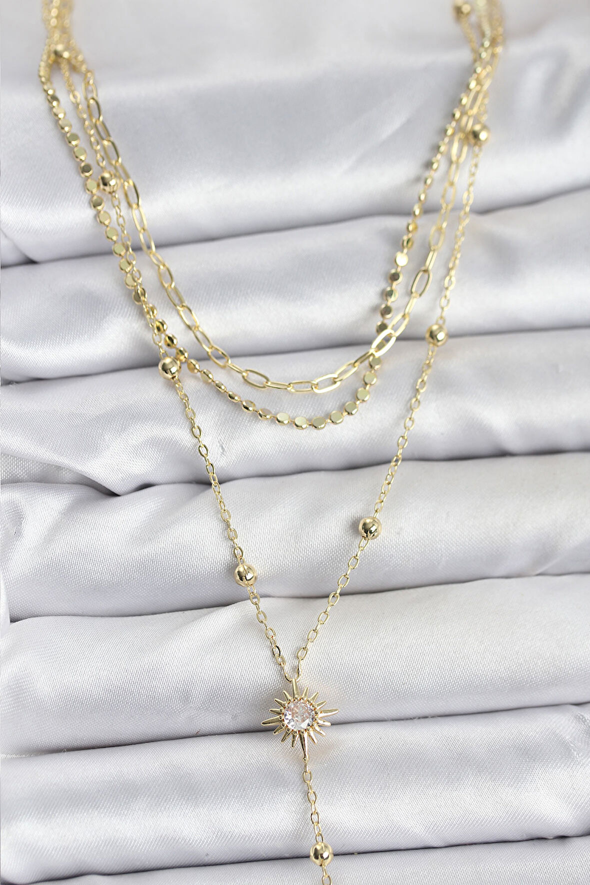 Pirinç Gold Renk Güneş Model Detaylı 3'lü Kombin Y Kadın Kolye