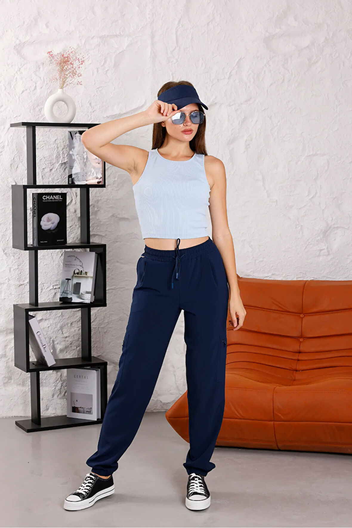 Kadın Açık Lacivert Yüksel Bel Lastikli Paça 4 Cepli Jogger Pantolon - 3070