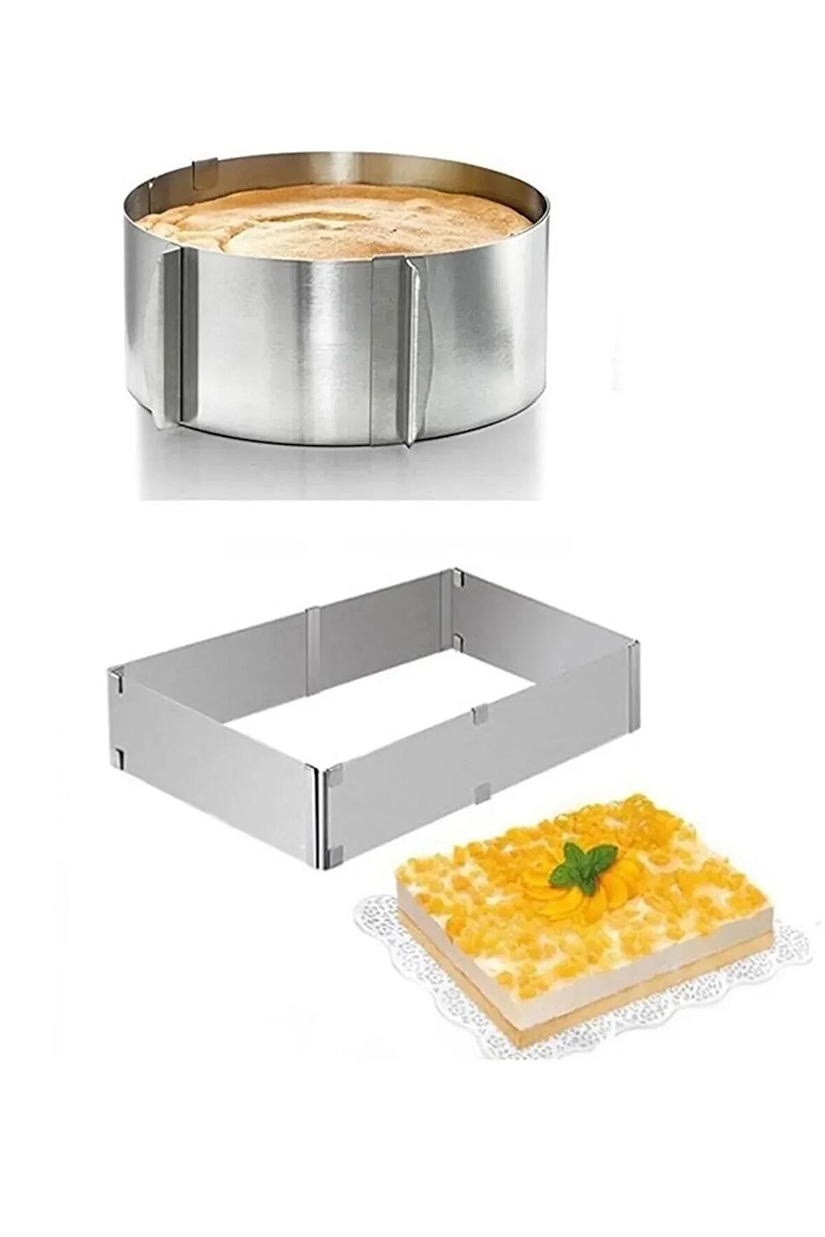 2'li Ayarlanabilir Kek Pasta Kalıbı Dikdörtgen ve Daire 10 cm Derinlik Pasta Kalıbı