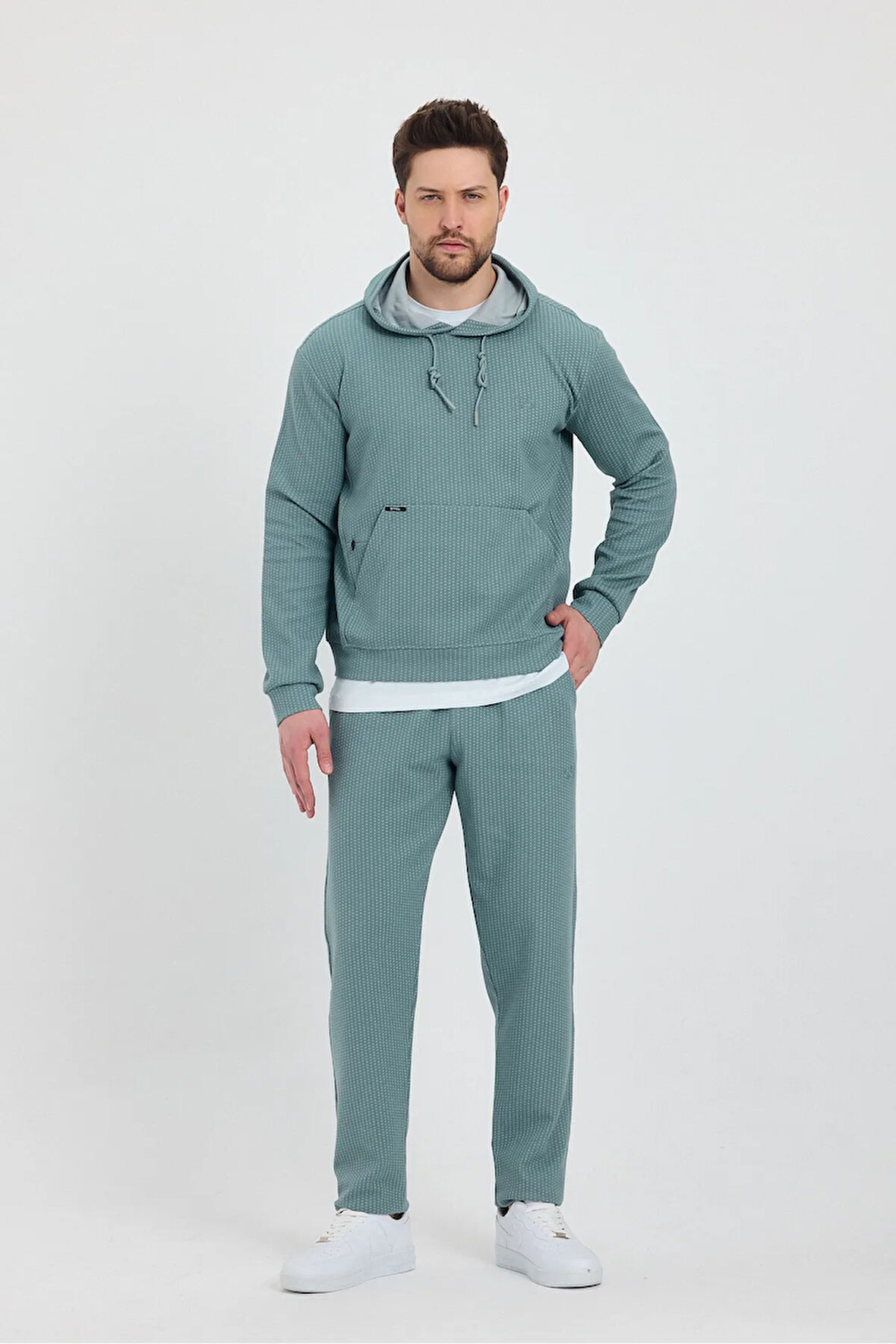Erkek Yeşil Puantiyeli Kanguru Cepli Kapüşonlu Eşofman Takımı  - 7809