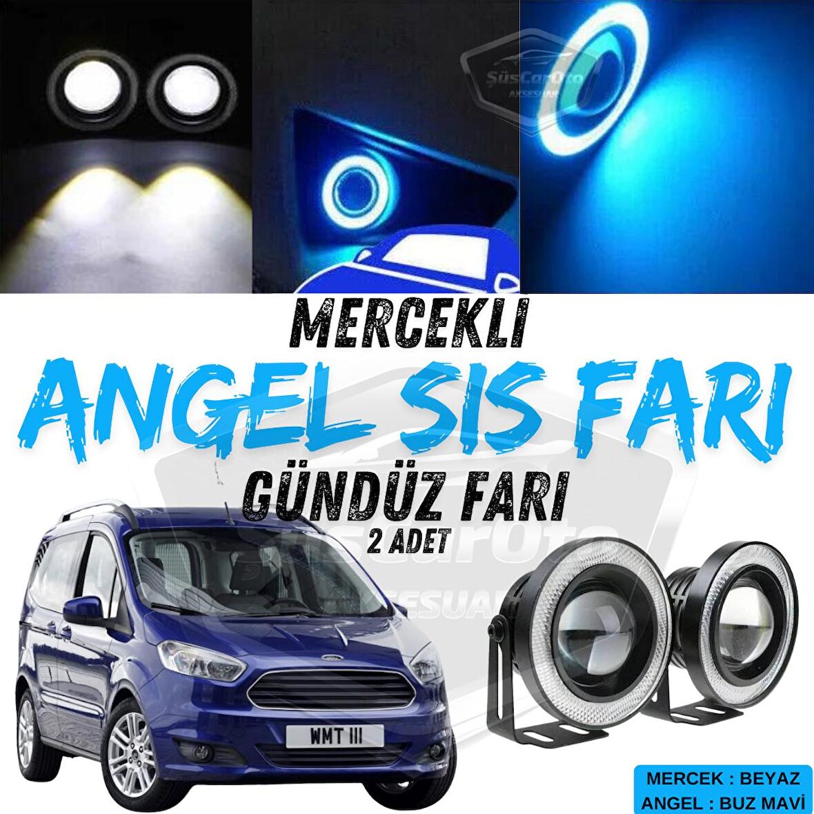 Ford Courier 2014-2023 Uyumlu Üniversal Mercekli Angel Sis Farı Metal Su Geçirmez 76 mm Buz Mavi Halkalı Gündüz Farı Angel Eyes 2 Adet