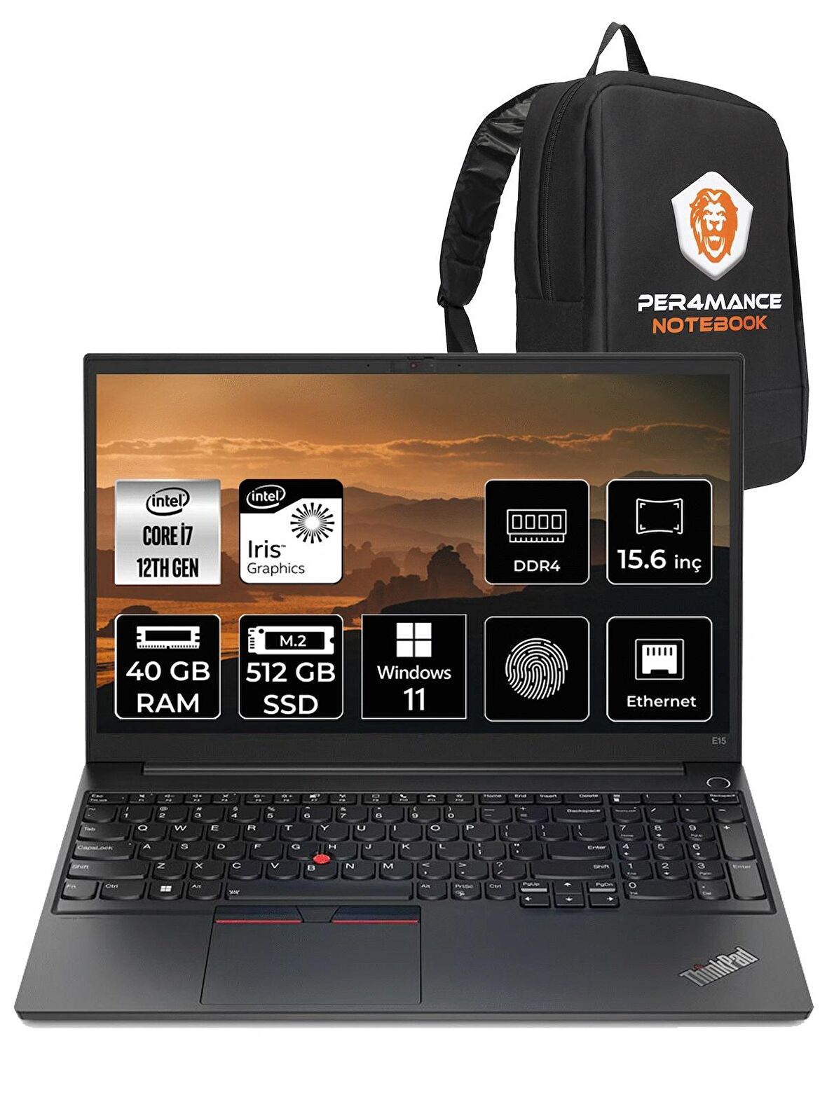 LENOVO E15 i7-1255U 40GB 512GB SSD 15.6" FHD W11 PRO 21E6006YTX & PER4 ÇANTA