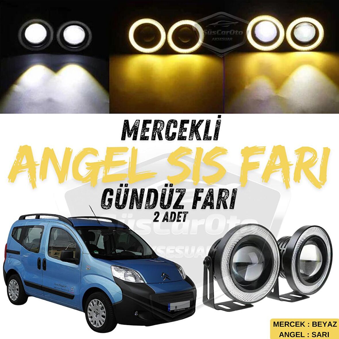 Citroen Nemo 2008-2022 Uyumlu Üniversal Mercekli Angel Sis Farı Metal Su Geçirmez 76 mm Sarı Halkalı Gündüz Farı Angel Eyes 2 Adet